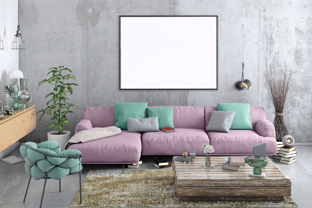 pink furniture goes with gray walls