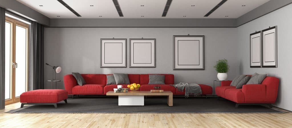 red furniture goes with gray walls