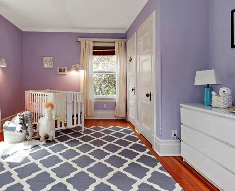 14 white curtains with purple walls