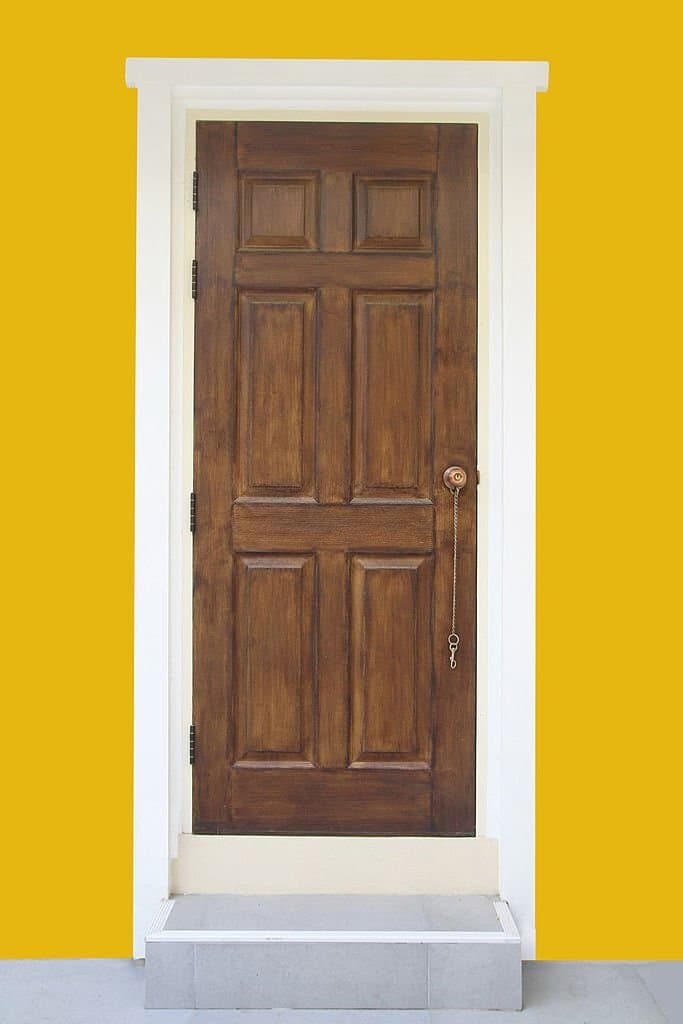 7 natural wood front door with yellow houses