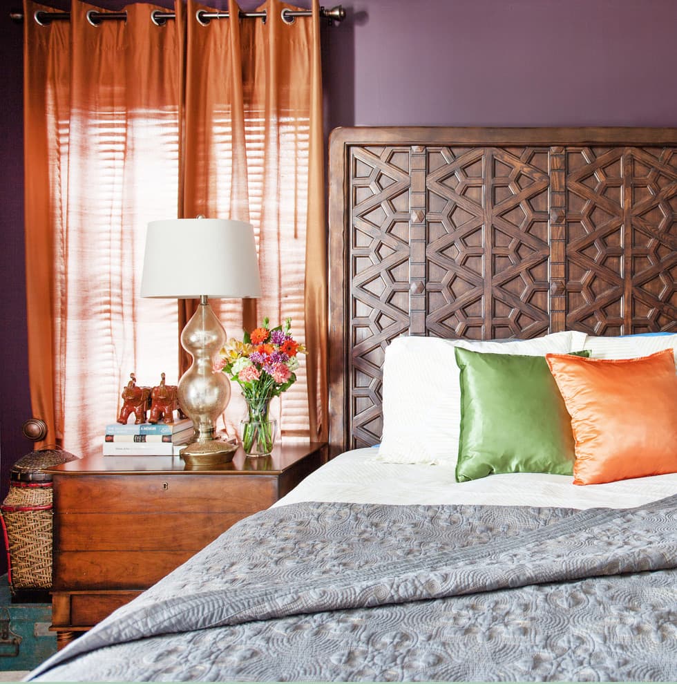 8 orange pink curtains with purple walls