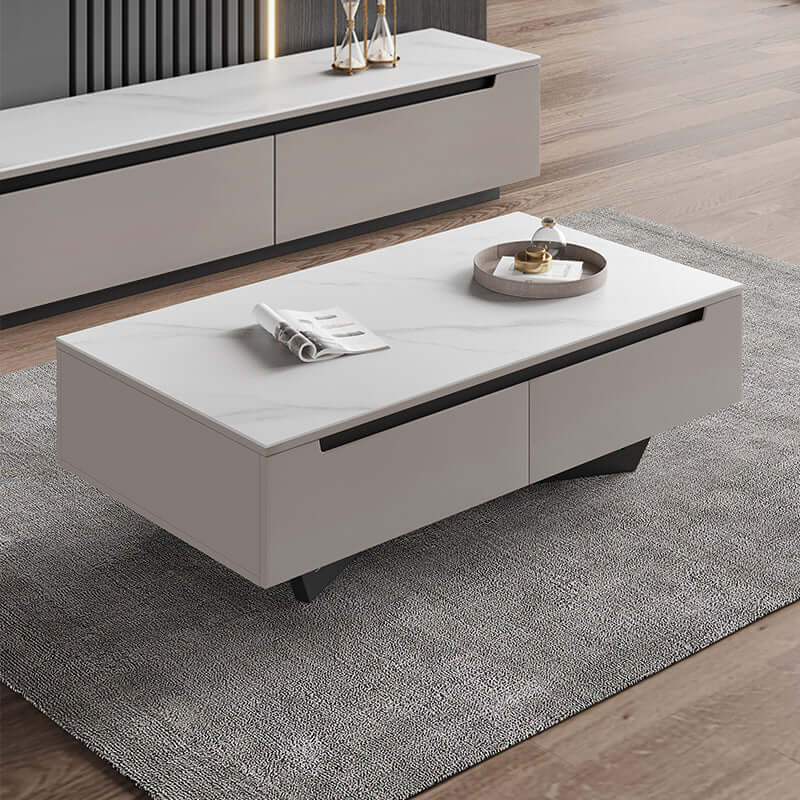 modern minimalist rectangular white sintered stone coffee table with 4 drawers stainless steel legs