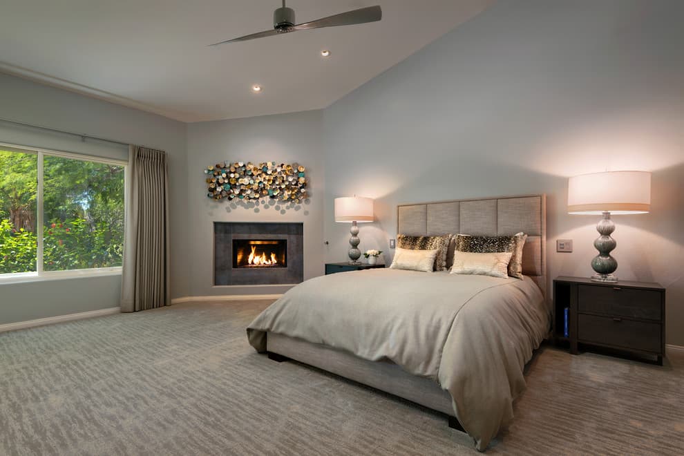 beige bedding with gray walls