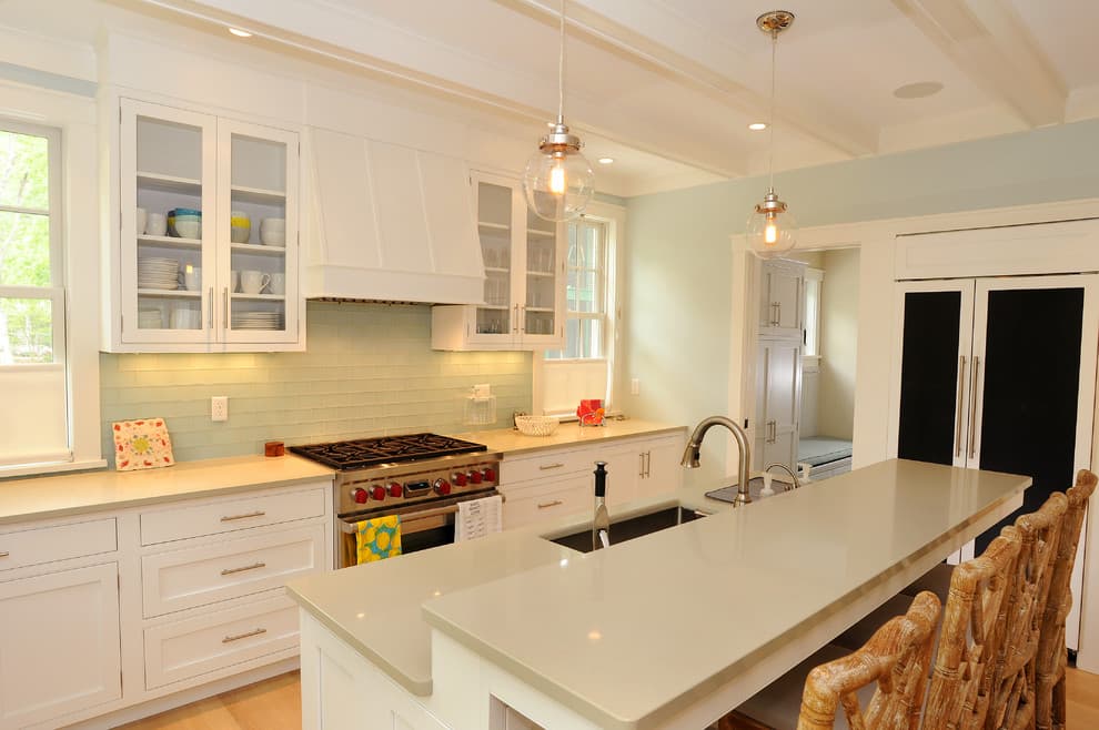 beige countertop with white cabinets