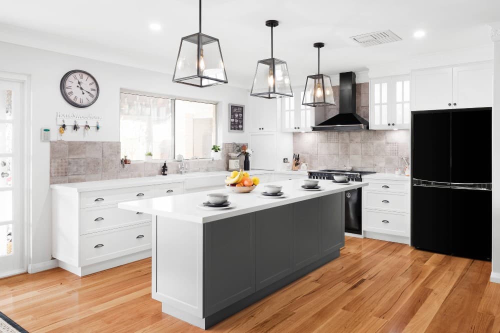black appliances with white cabinets