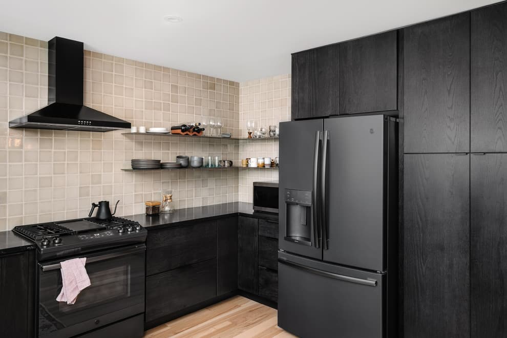 black cabinets with black stainless steel appliances