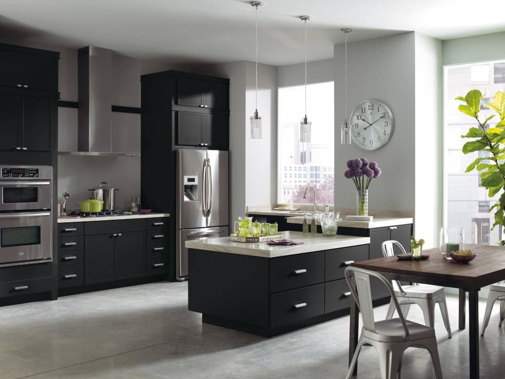 black cabinets with gray walls