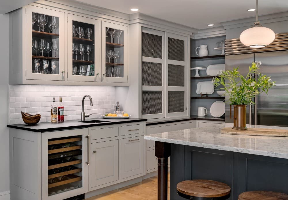 black countertop with gray cabinets