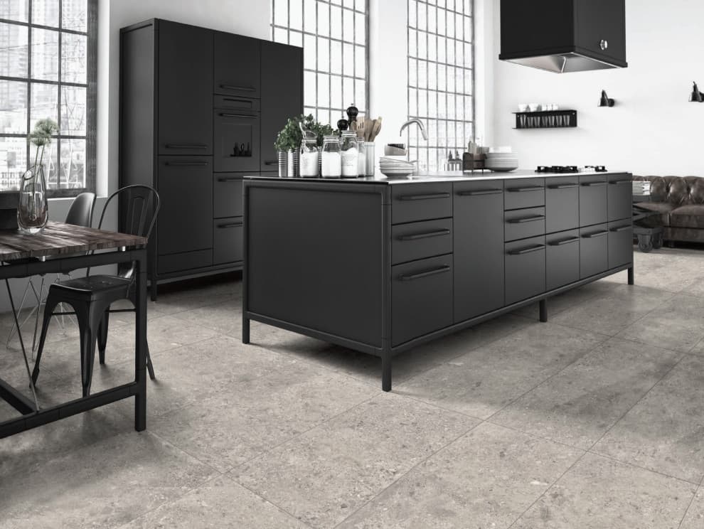 black furniture with gray floor