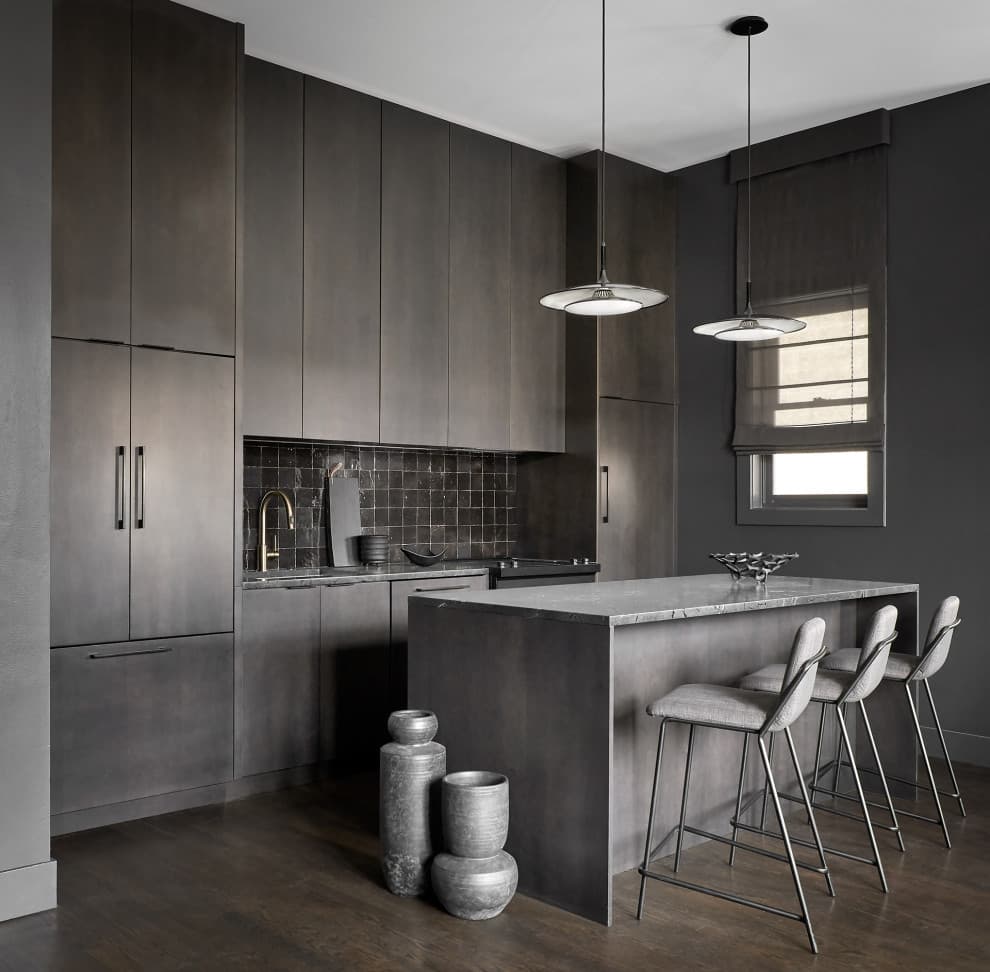 black walls with gray kitchen cabinets