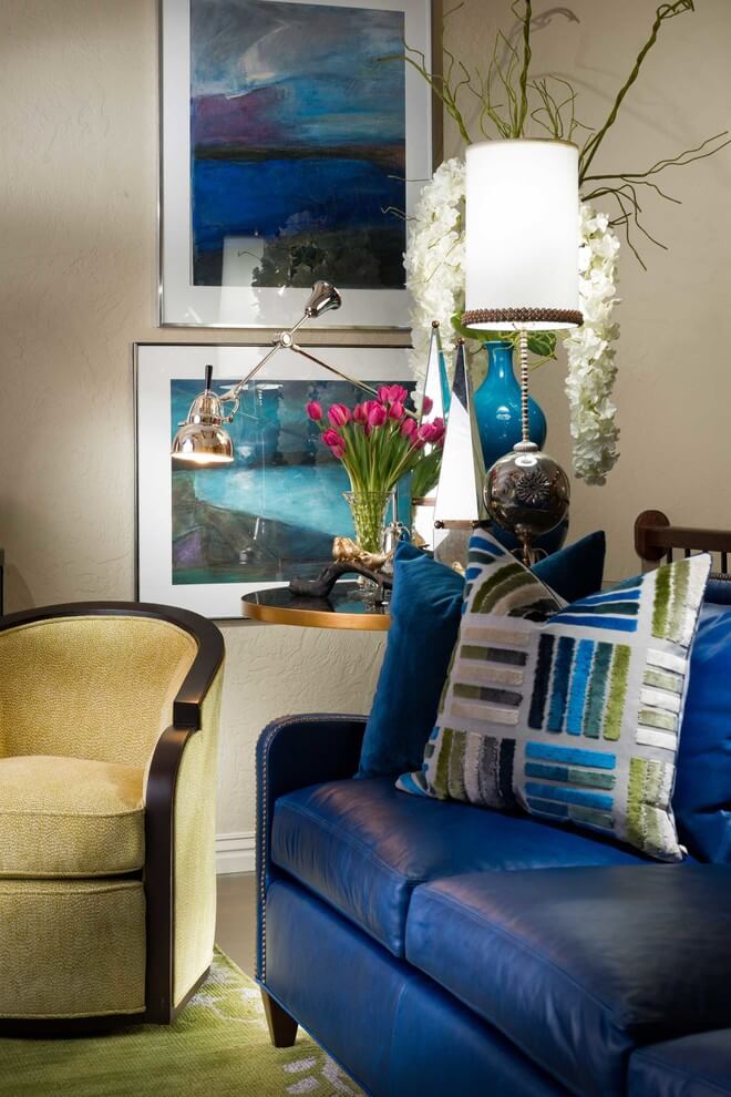 cobalt blue couch with gray walls