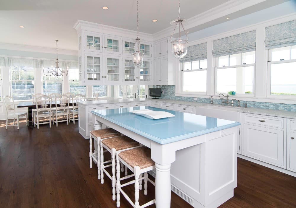 cornflower countertop with white cabinets