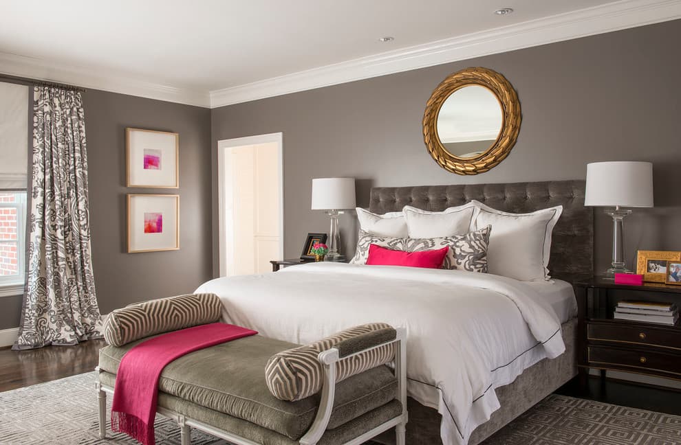 dark pink bedding with gray walls