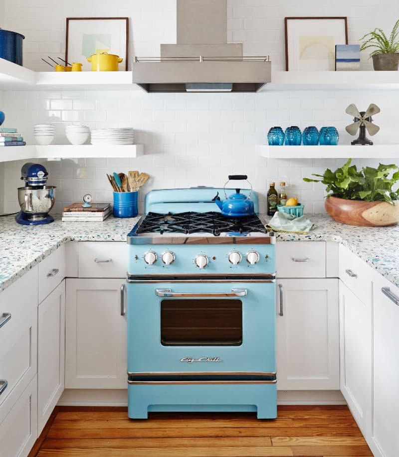 light blue appliances with white cabinets