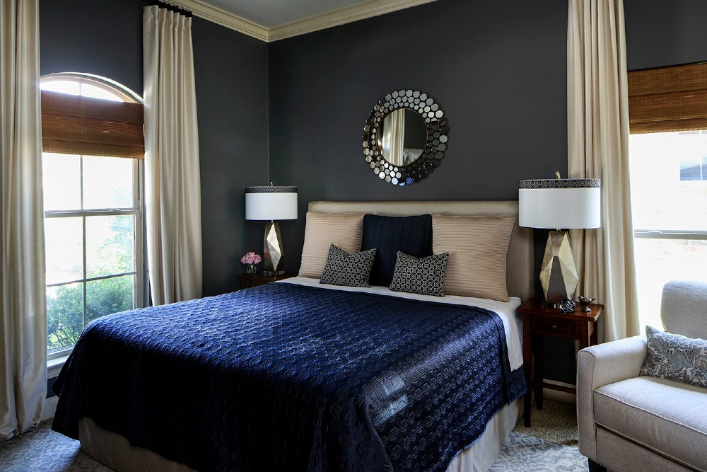 navy blue bedding with gray wall