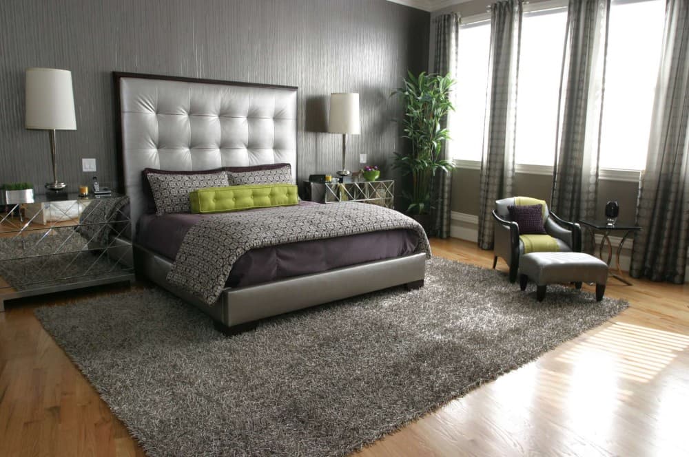olive green furniture with gray headboard