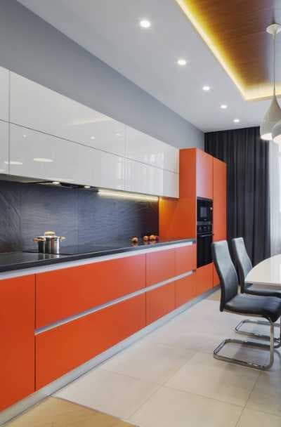 orange cabinets with gray walls