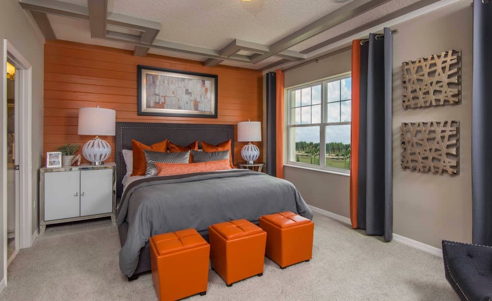 orange furniture with gray headboard