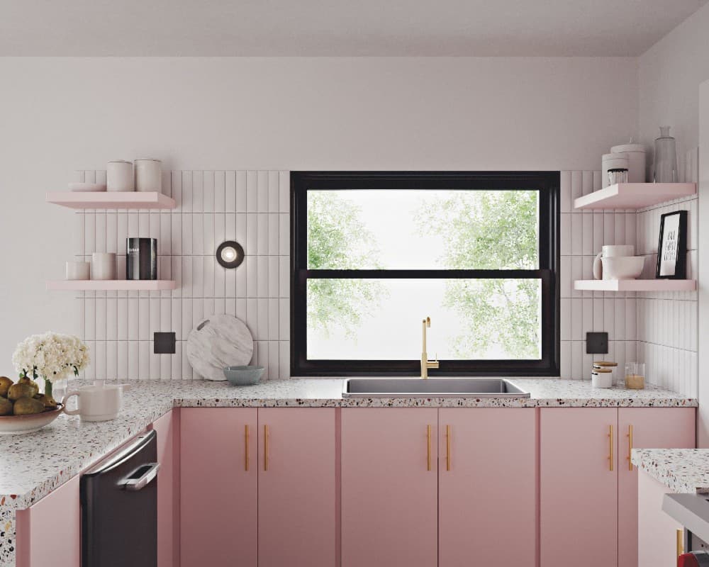 pink cabinets with gray walls