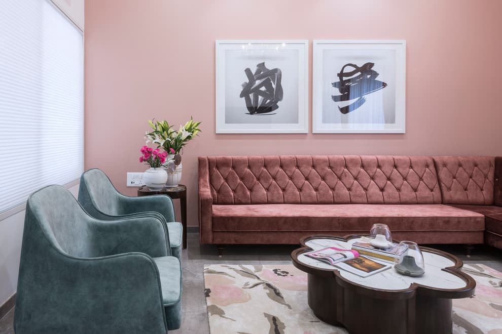 pink furniture with gray floor