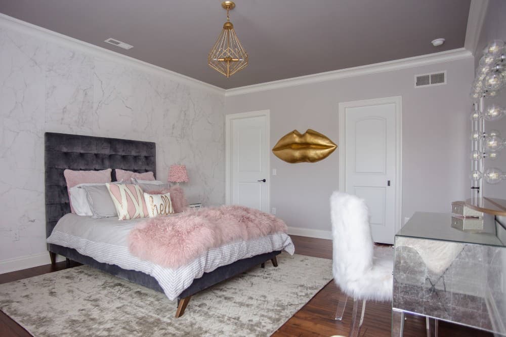 pink furniture with gray headboard