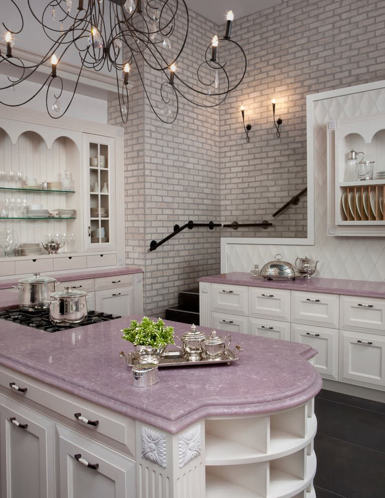 pink granite with cream cabinets