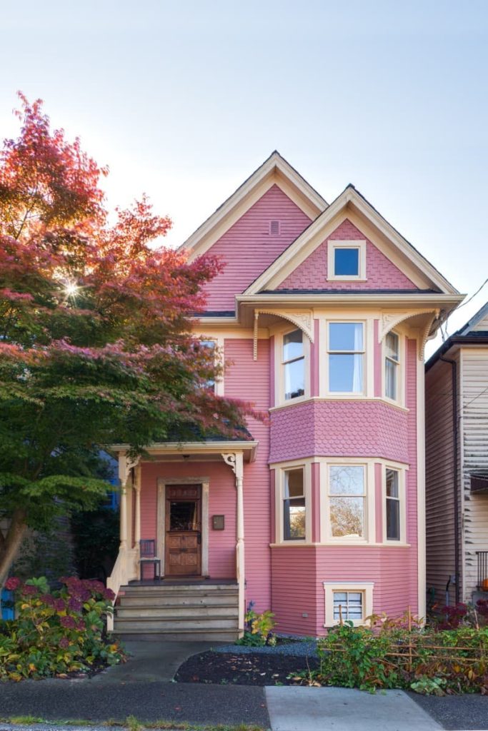 pink house with red roof