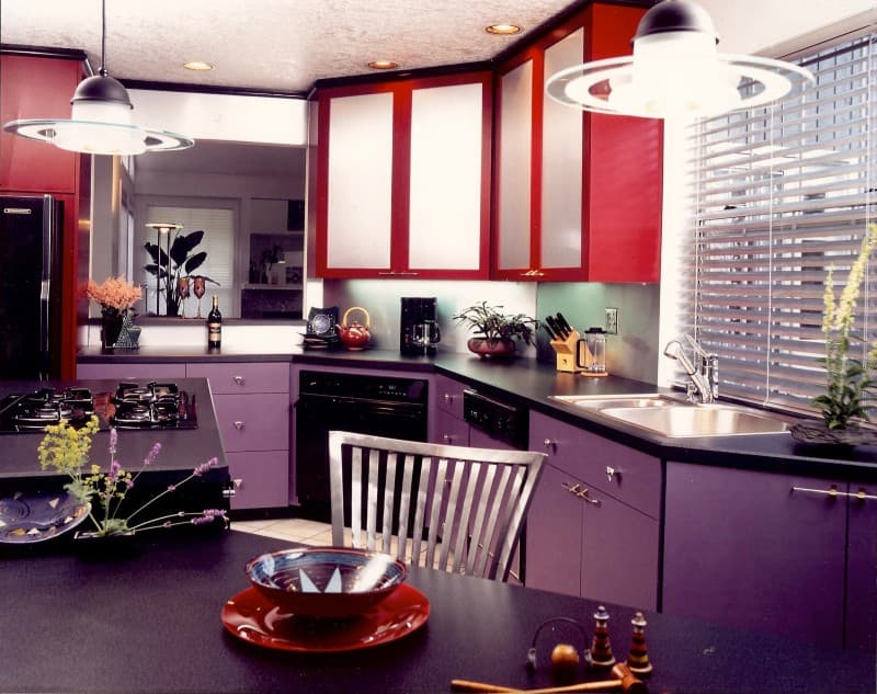 purple cabinets with black stainless steel appliances