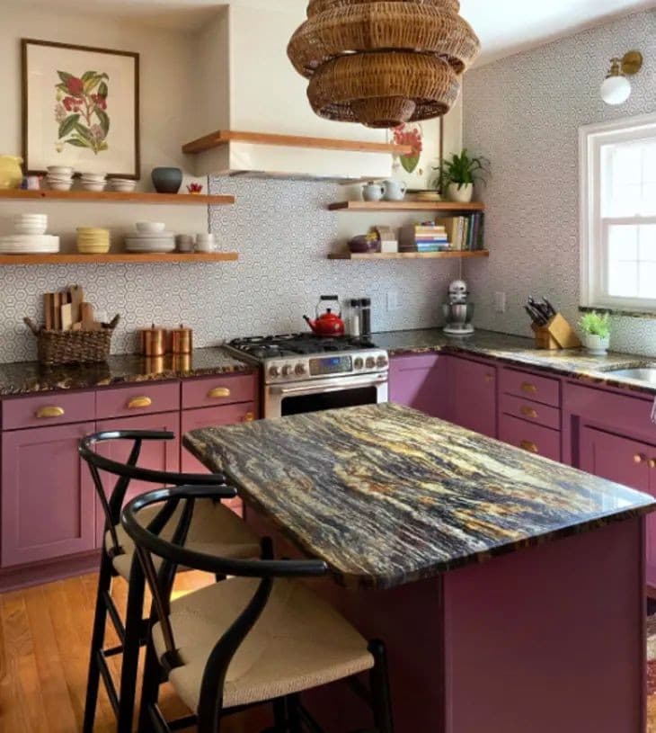 purple cabinets with brown granite countertops