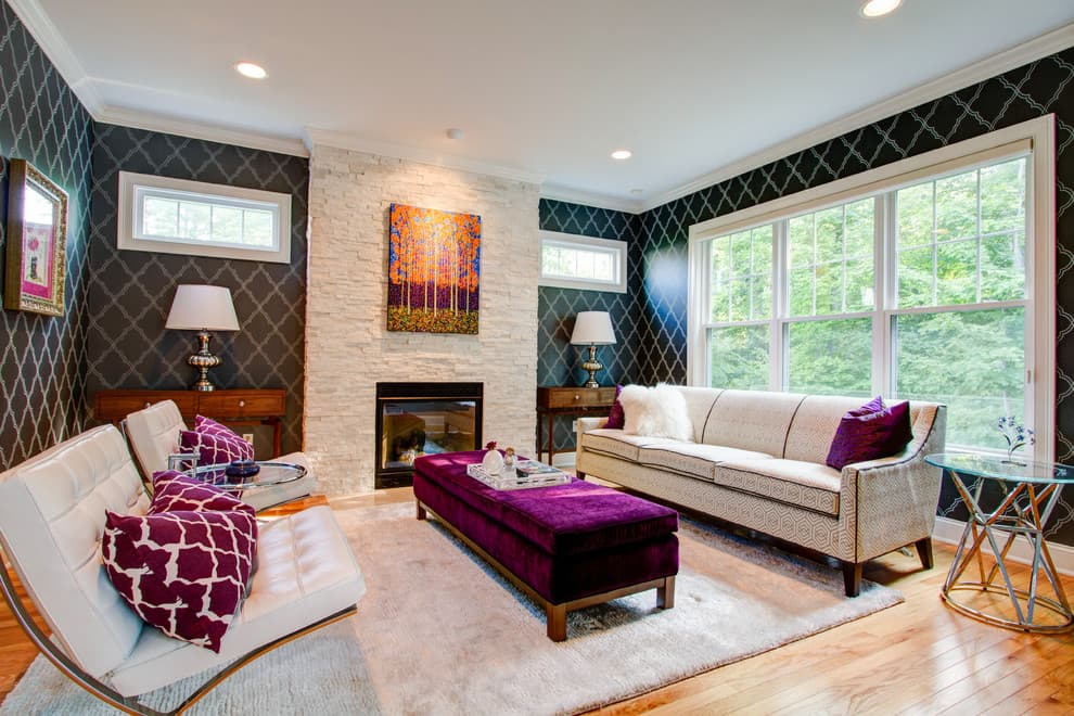 purple furniture with light hardwood floors