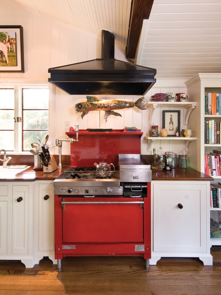 red appliances with white cabinets