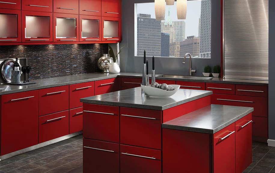 red cabinets with gray walls