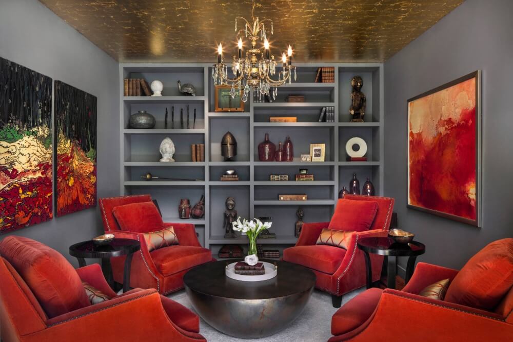 red couch with gray walls