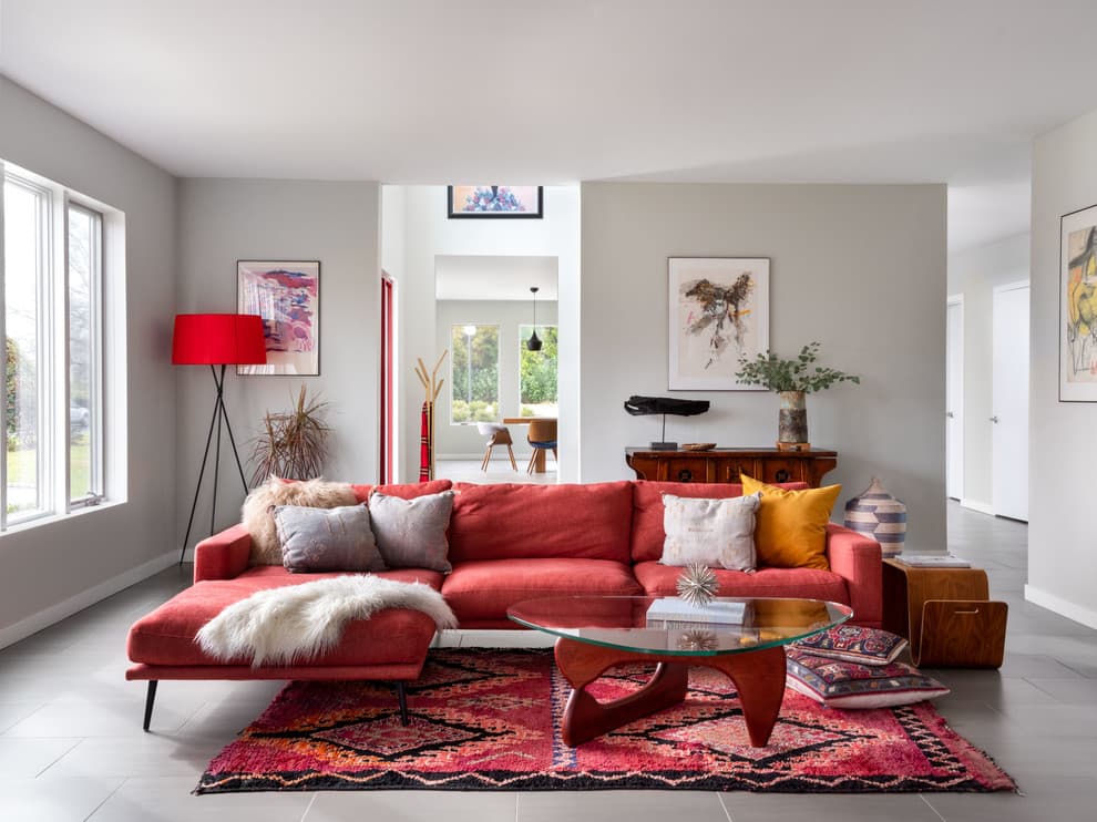 red furniture with gray floor