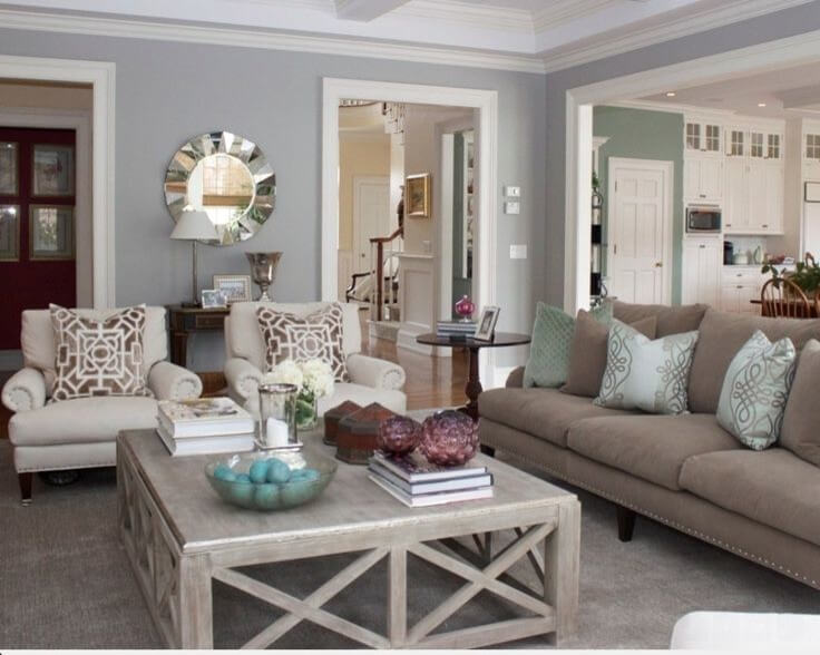tan green couch with gray walls