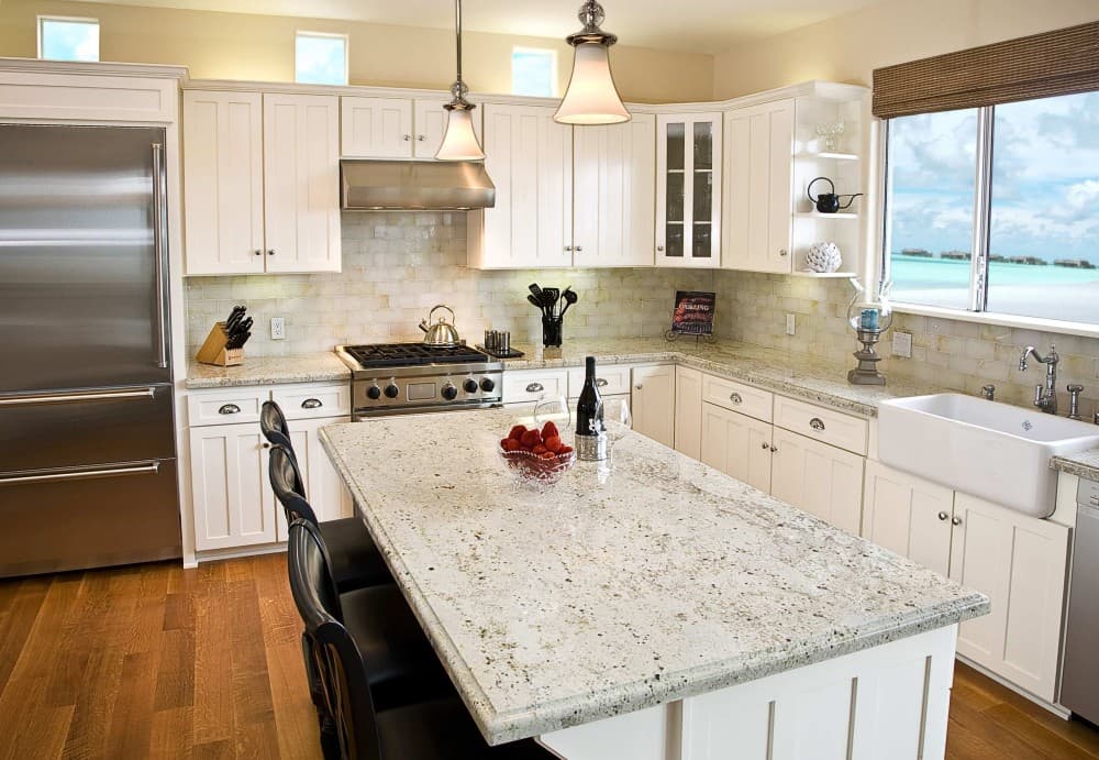 white granite with cream cabinets