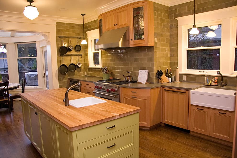 wood countertops with oak cabinets
