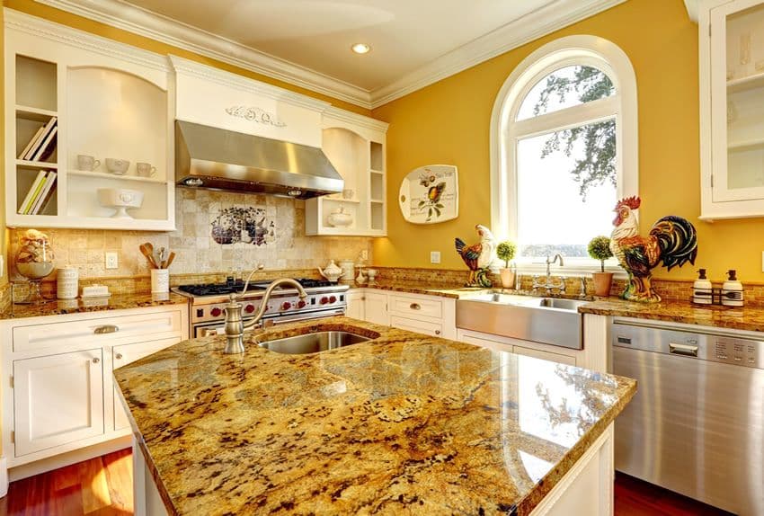 yellow granite with cream cabinets