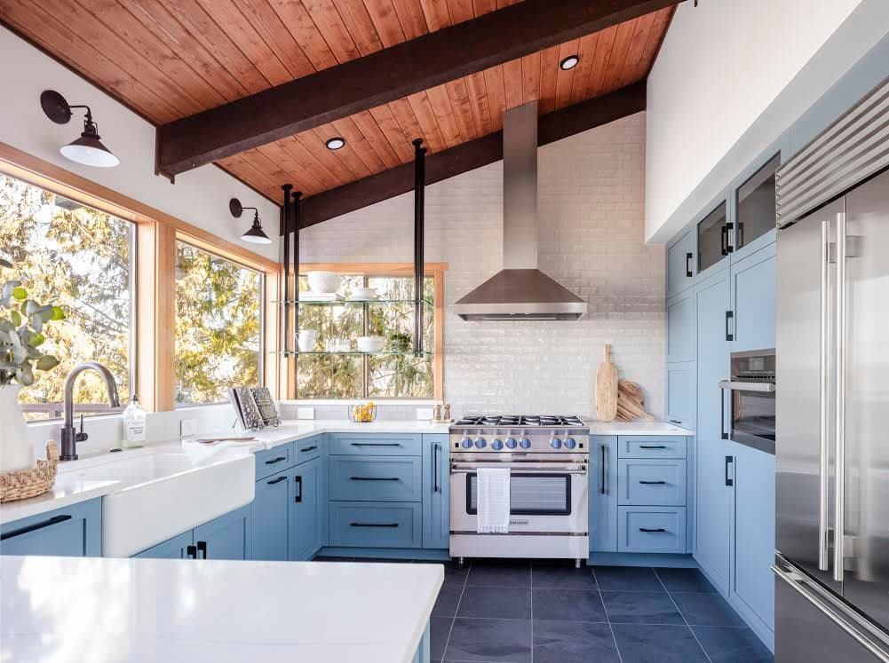 blue cabinets with white appliances