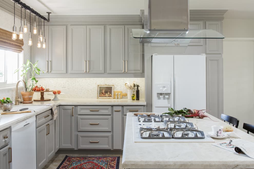 gray cabinets with white appliances