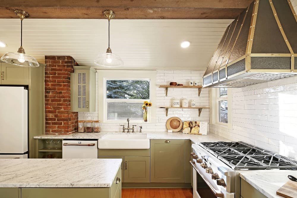 green cabinets with white appliances