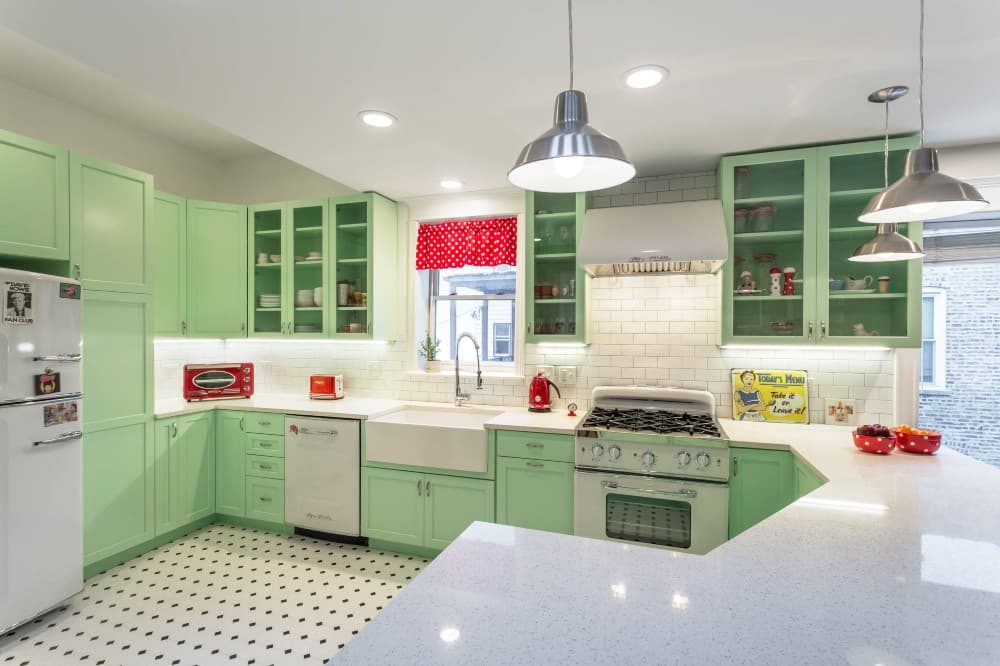 mint green cabinets with white appliances