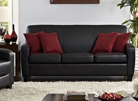 red pillows with black leather couch