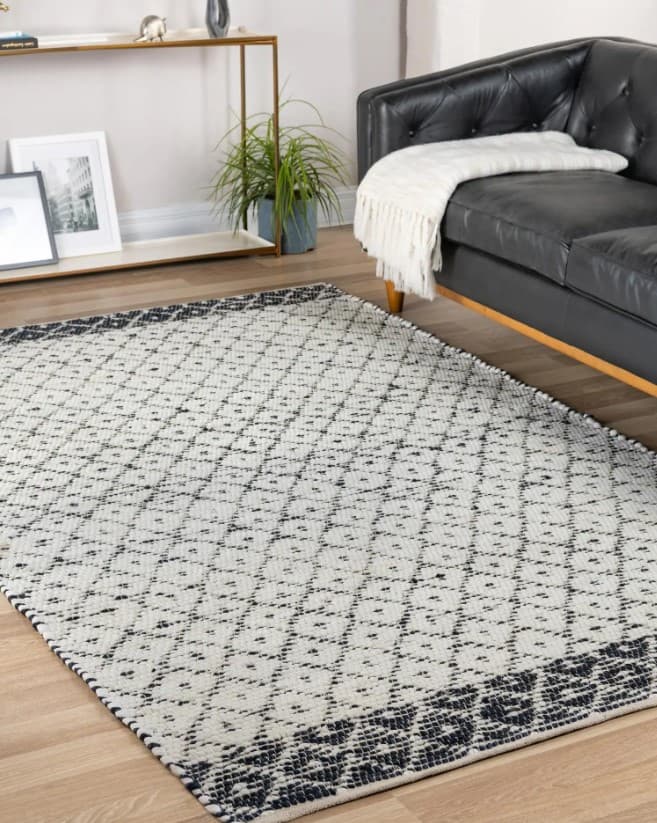 patterned rug with black furniture