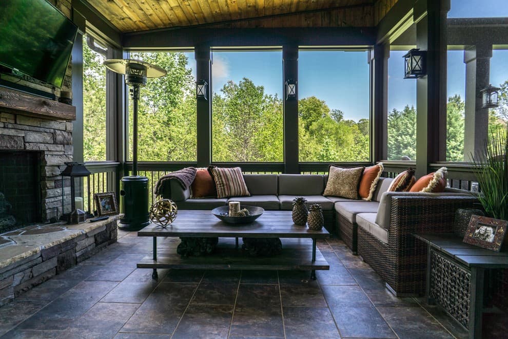 small screened in porch with fireplace 1