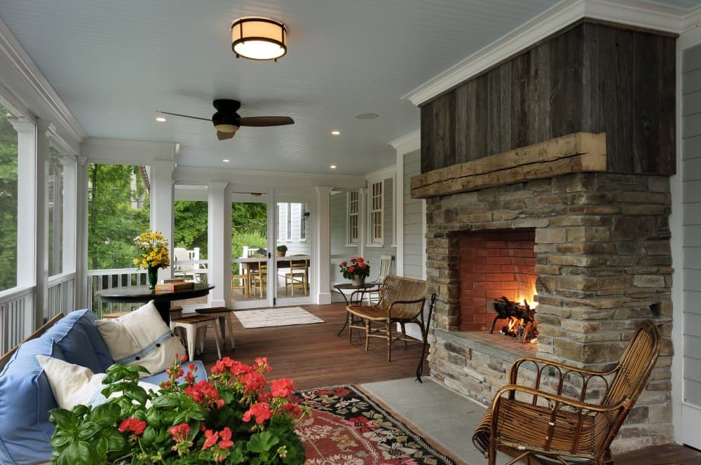 small screened in porch with fireplace 2