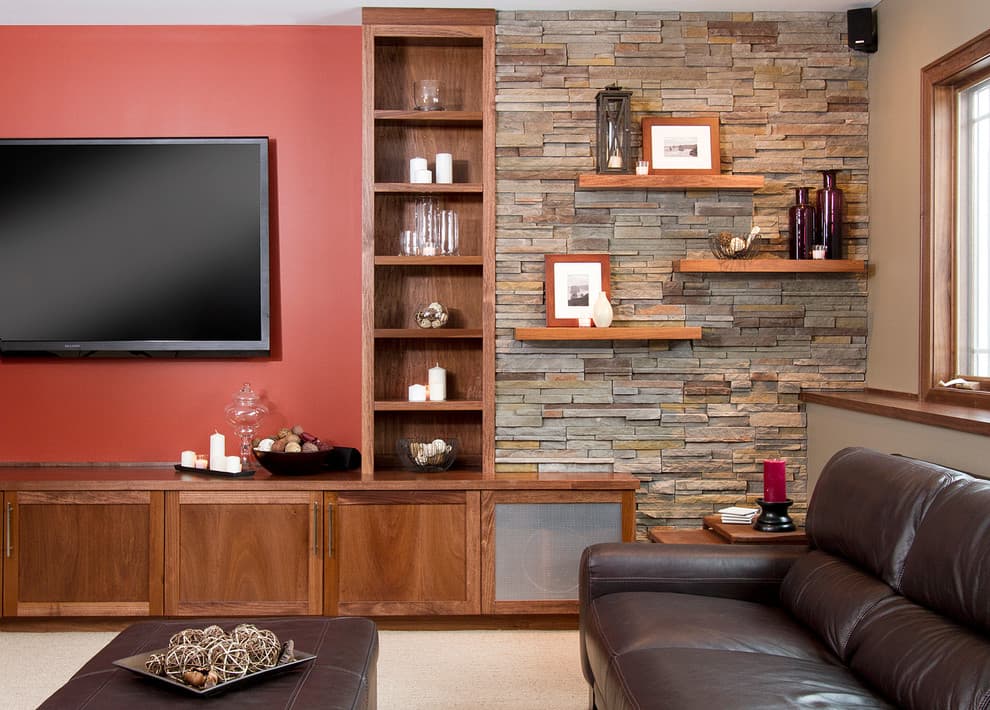 accent wall living room with floating shelf