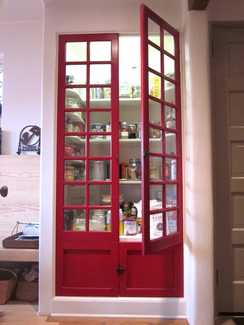 kitchen with glass pantry door storage 2
