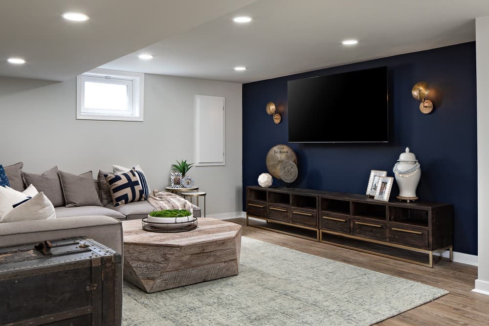navy blue accent wall living room