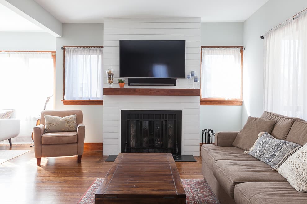 shiplap accent wall with tv and fireplace 1